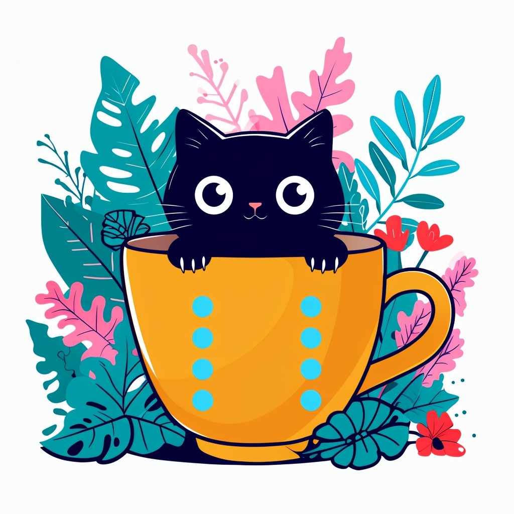 Whimsical Black Cat Peeking from Colorful Coffee Cup Mug