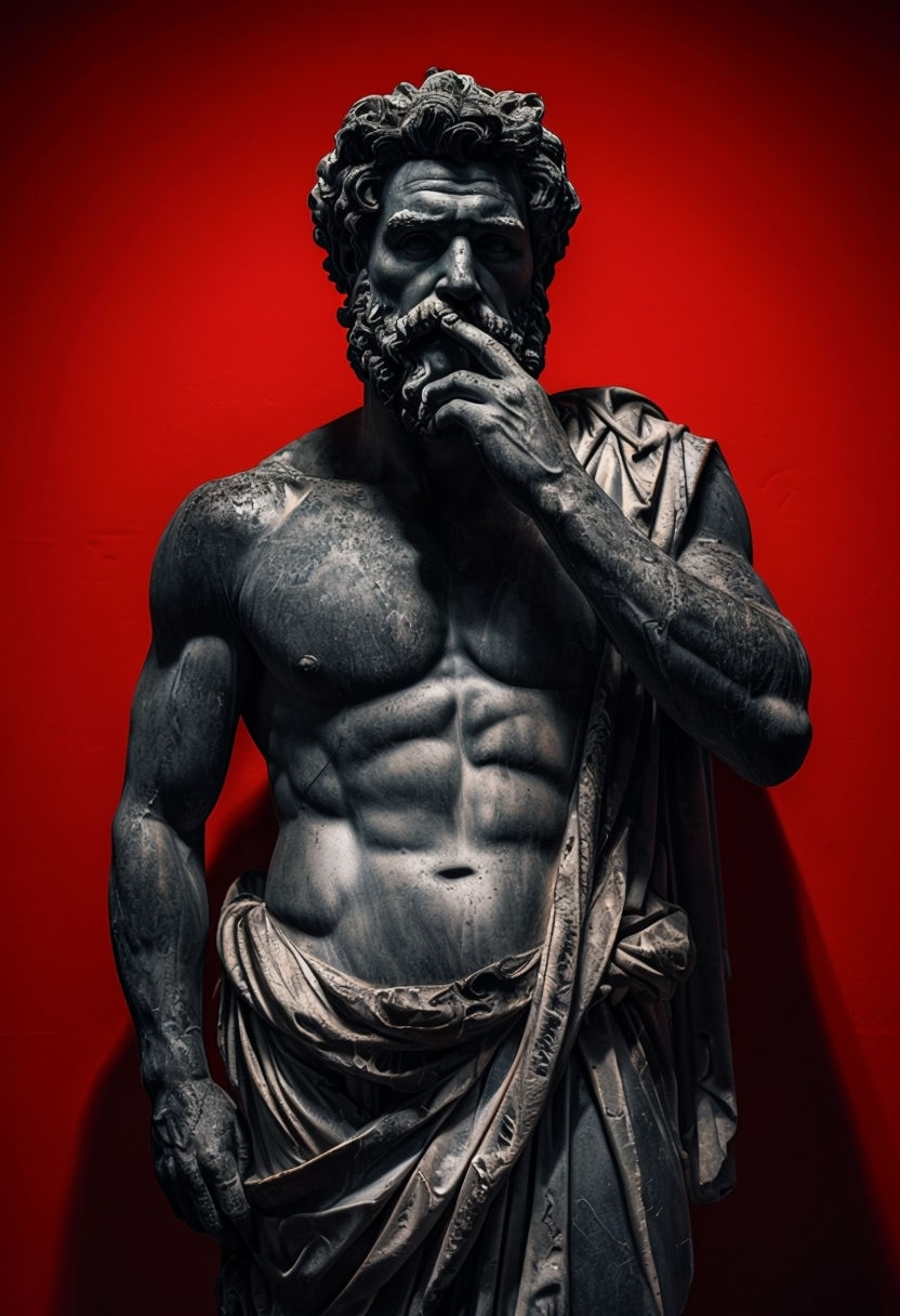 Intricate Dark Gray Statue of Contemplation Against Red Background Mobile Wallpaper