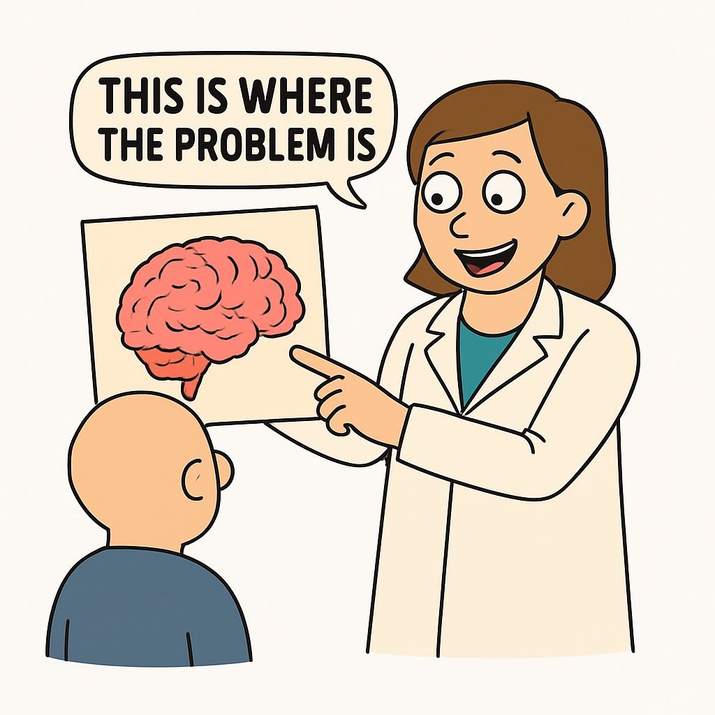 Cartoon Doctor Explains Brain Problems with Humor Sticker