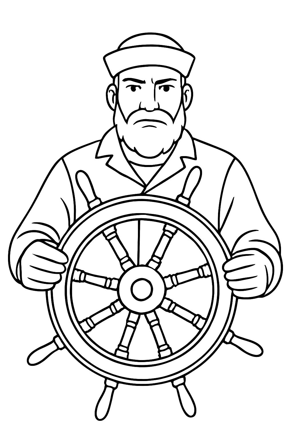Bearded Sailor with Ship Steering Wheel Line Art Coloring Page