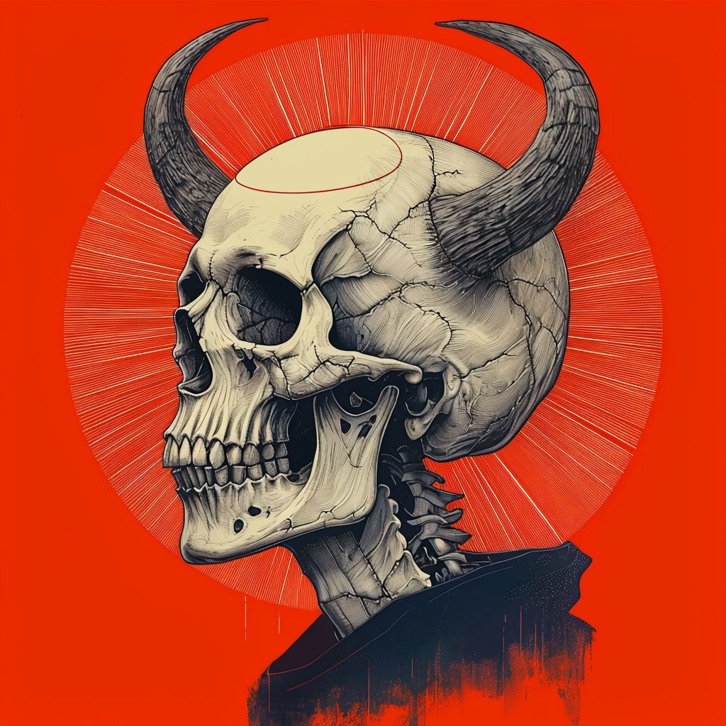 Intricate Engraved Skull with Horns and Red Halo Art