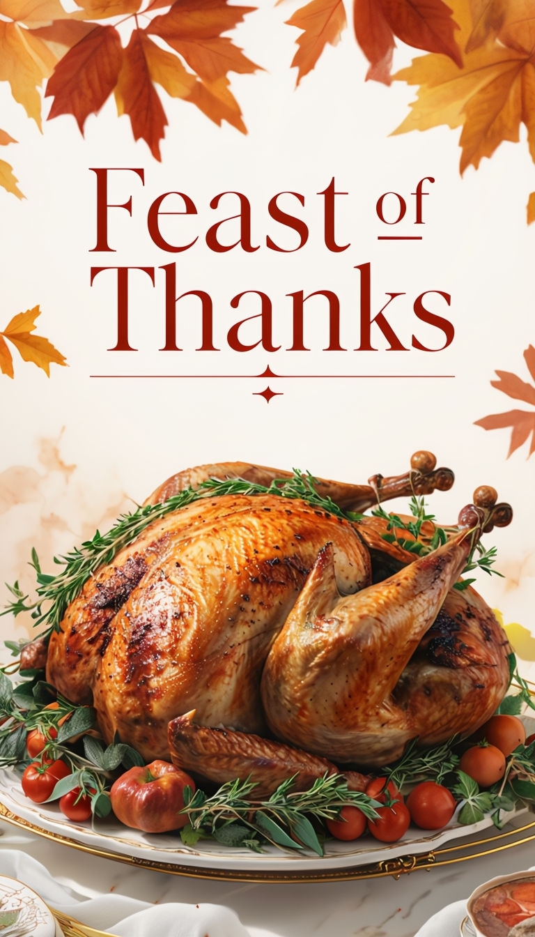 Elegant Roasted Turkey with Autumn Leaves and 'Feast of Thanks' Poster