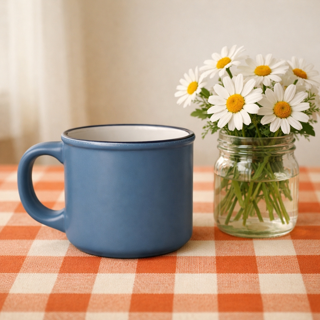 Cozy Blue Ceramic Mug with Daisies Still Life Mockup