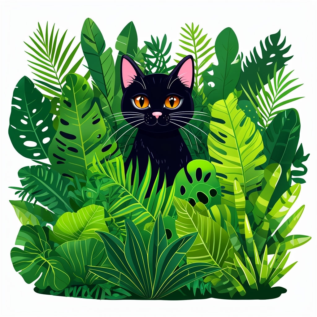 Vibrant Cartoon Black Cat Among Tropical Foliage Mug