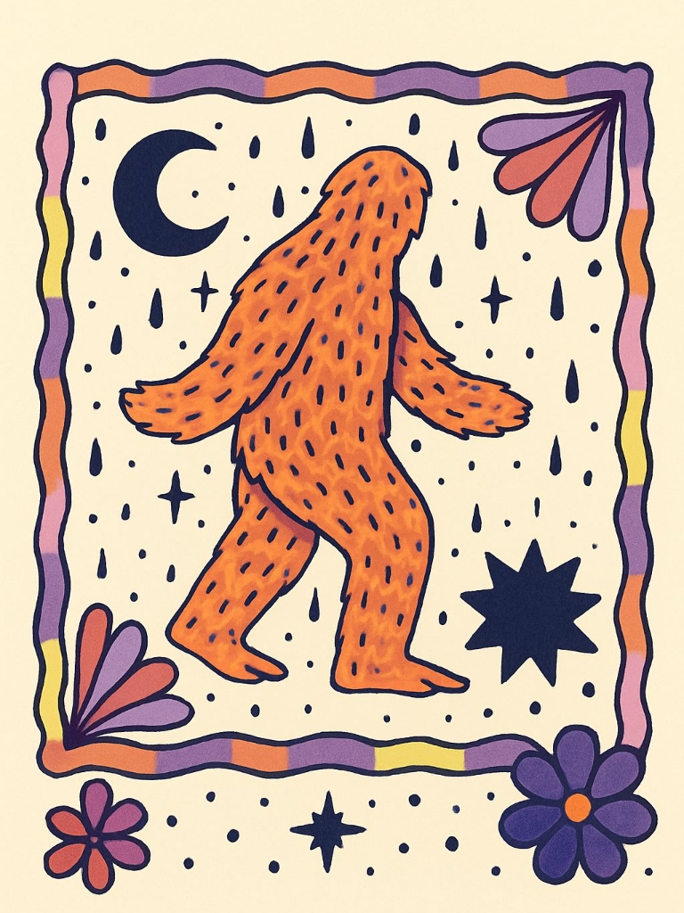 Whimsical Orange Sasquatch Surrounded by Stars and Flowers Poster