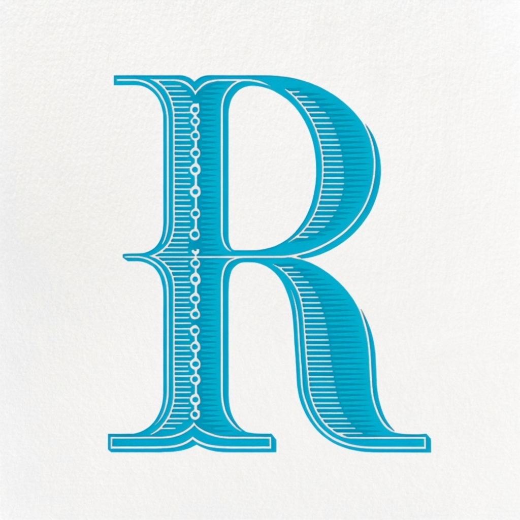 Stylized Sky Blue Letter R Monogram with Ornate Border