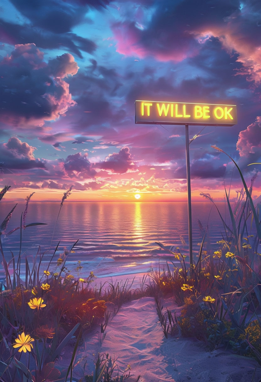 Serene Beach Sunset with Neon Sign 'It Will Be OK' Artwork