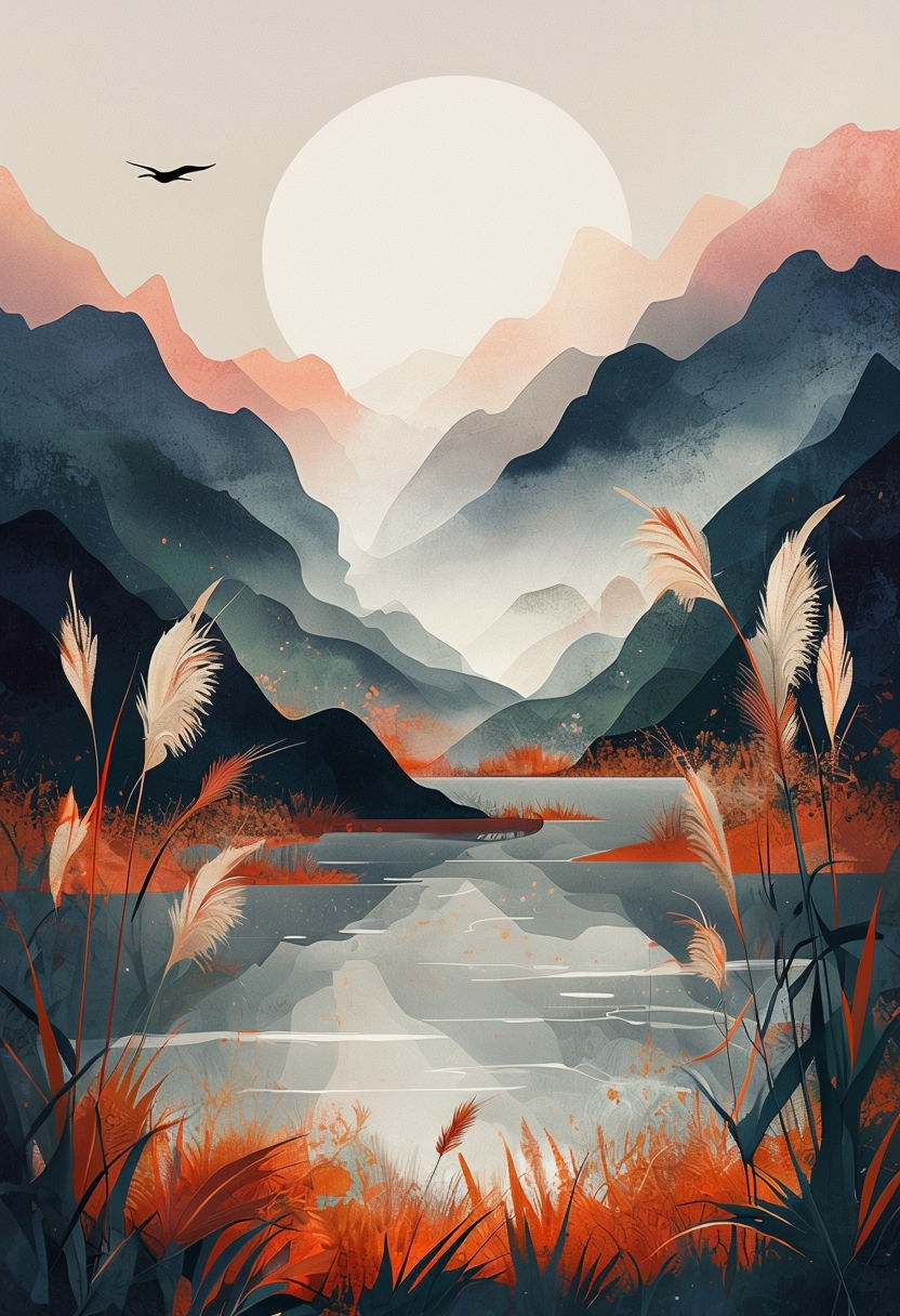 Serene Abstract Nature Landscape with Calm Water and Mountains Art