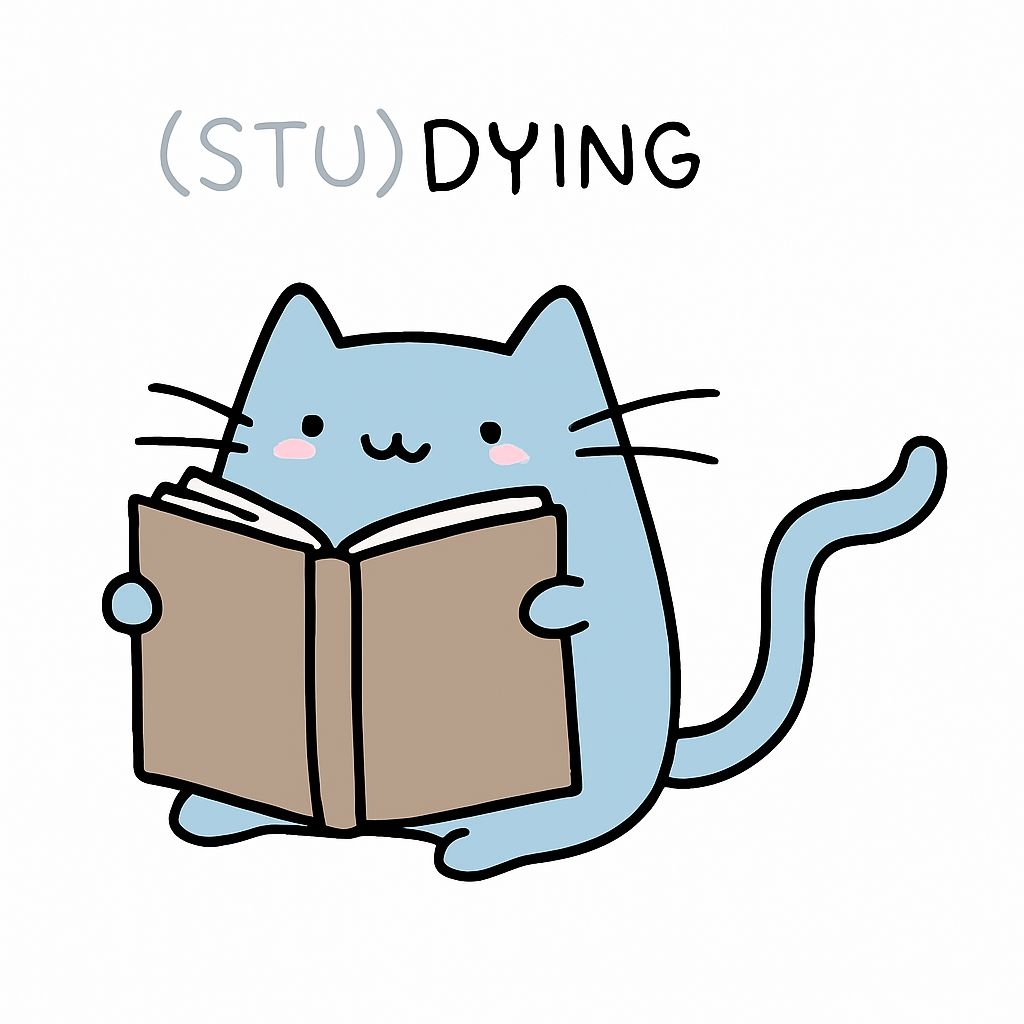 Cute Cartoon Cat Reading Book with Whimsical Text Sticker