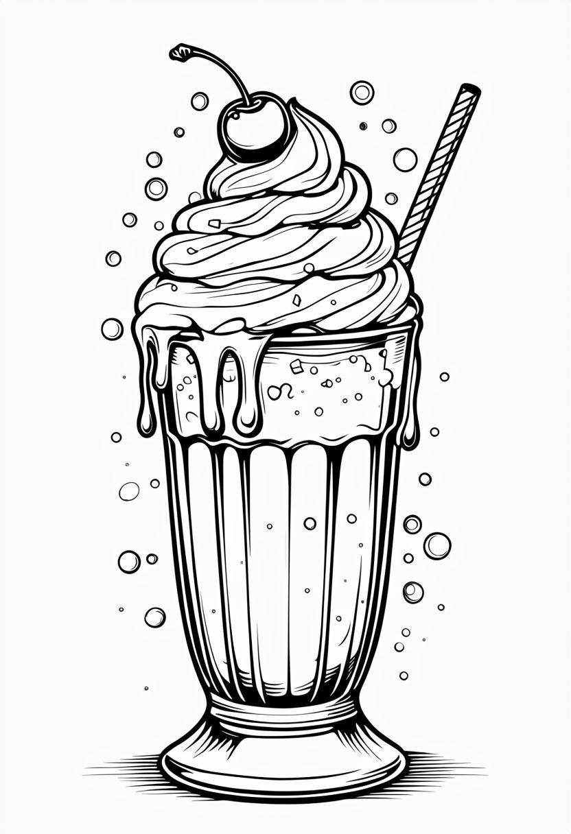 Playful Black and White Cartoon Milkshake Line Drawing Sticker