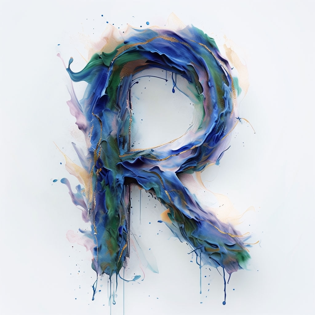 Abstract Watercolor Letter R Art with Dynamic Color Flow Monogram