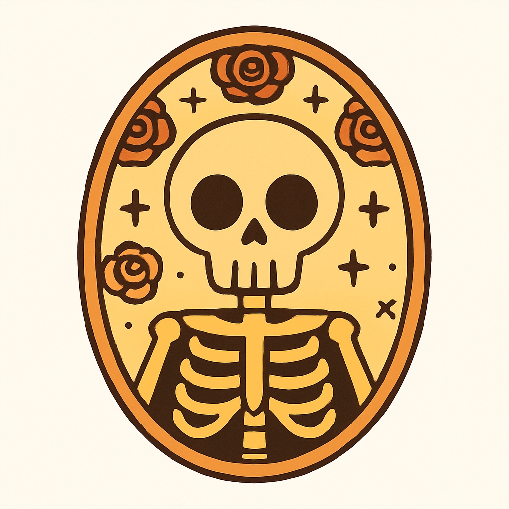 Playful Skeleton with Roses and Stars Cartoon Sticker