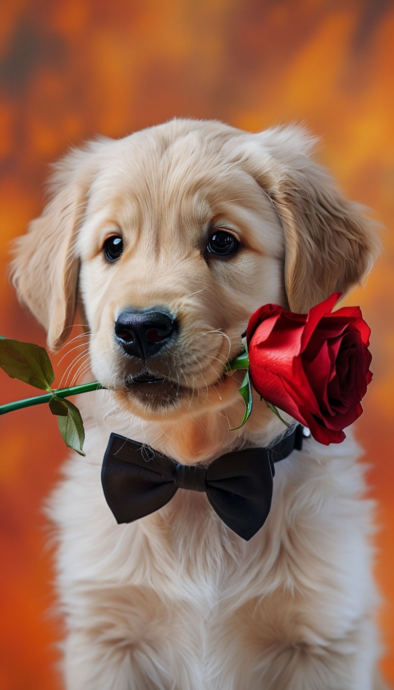 Charming Golden Retriever Puppy with Rose and Bow Tie Mobile Wallpaper