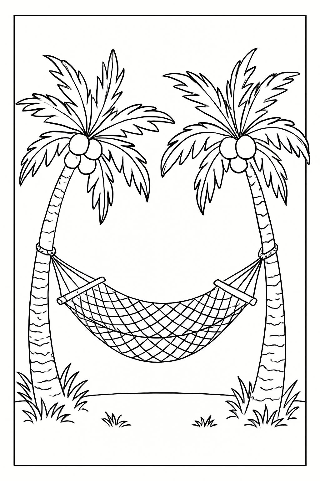 Tropical Paradise Palm Trees and Hammock Coloring Page