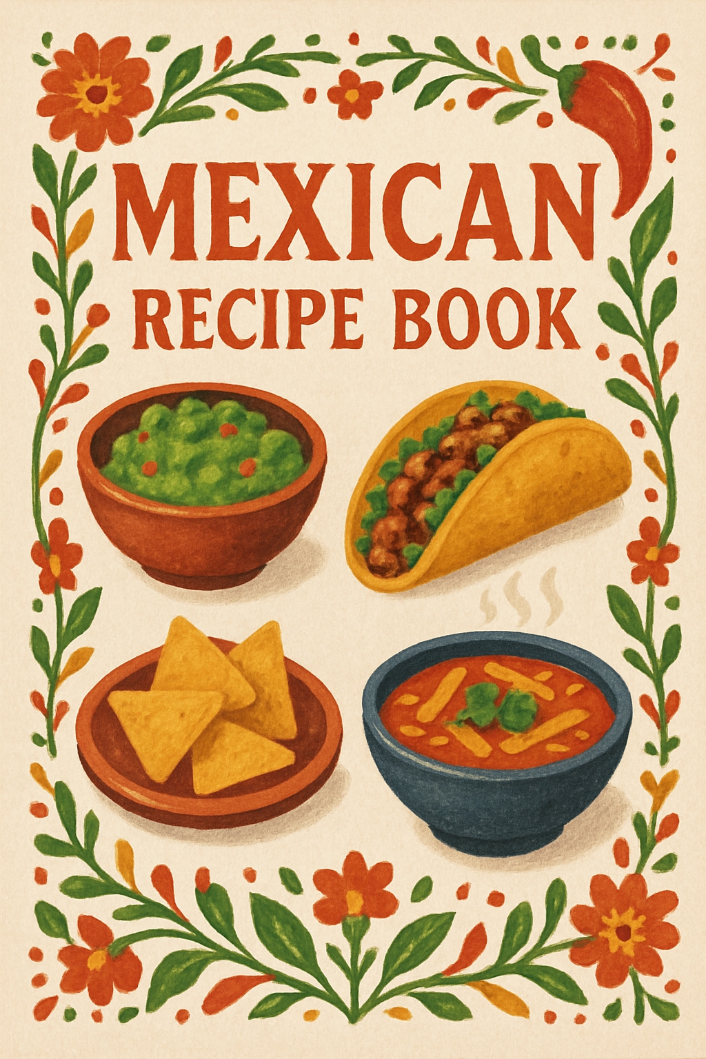 Vintage Mexican Recipe Book Cover with Festive Dish Illustrations EBook Cover