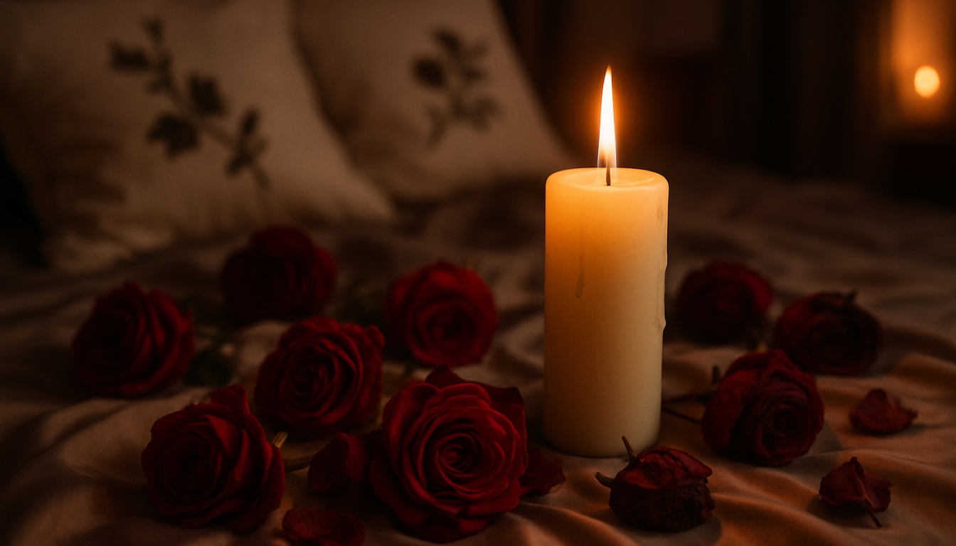 Romantic Ivory Candle with Red Roses Cozy Virtual Background