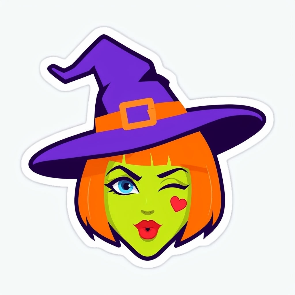 Playful Witch Emoji with Neon Hair and Mischievous Smile Sticker