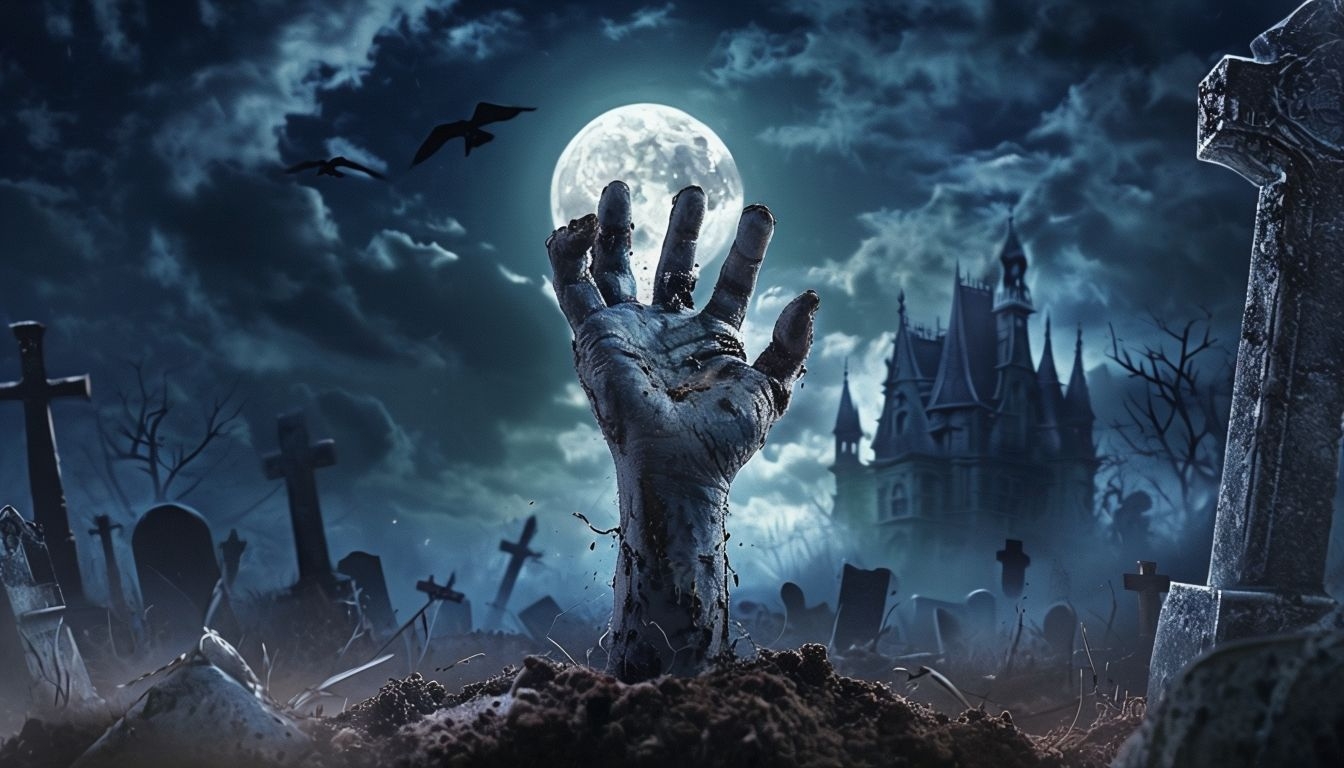 Eerie Zombie Hand Emerging from Graveyard Scene Virtual Background