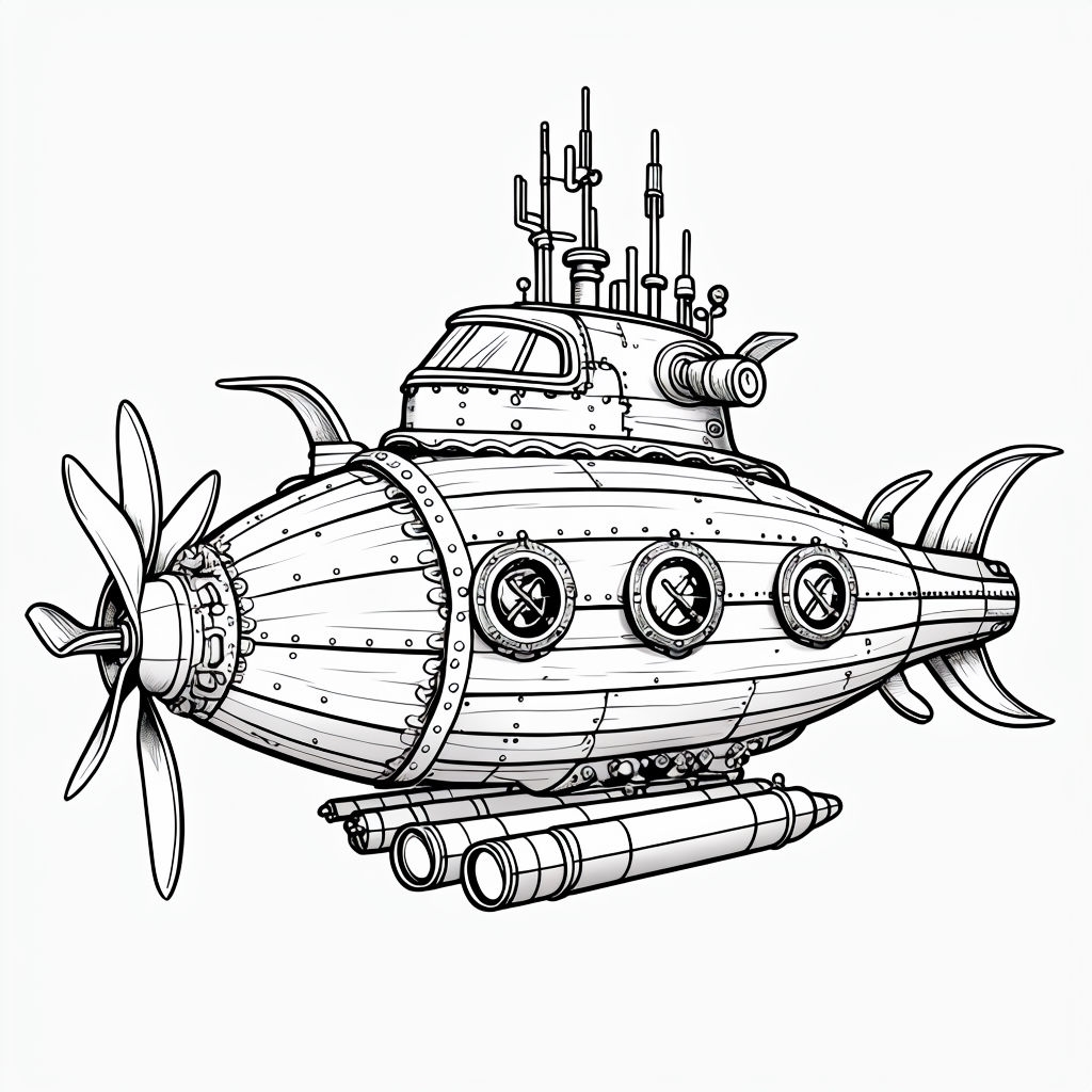 Futuristic Steampunk Submarine Coloring Book Page