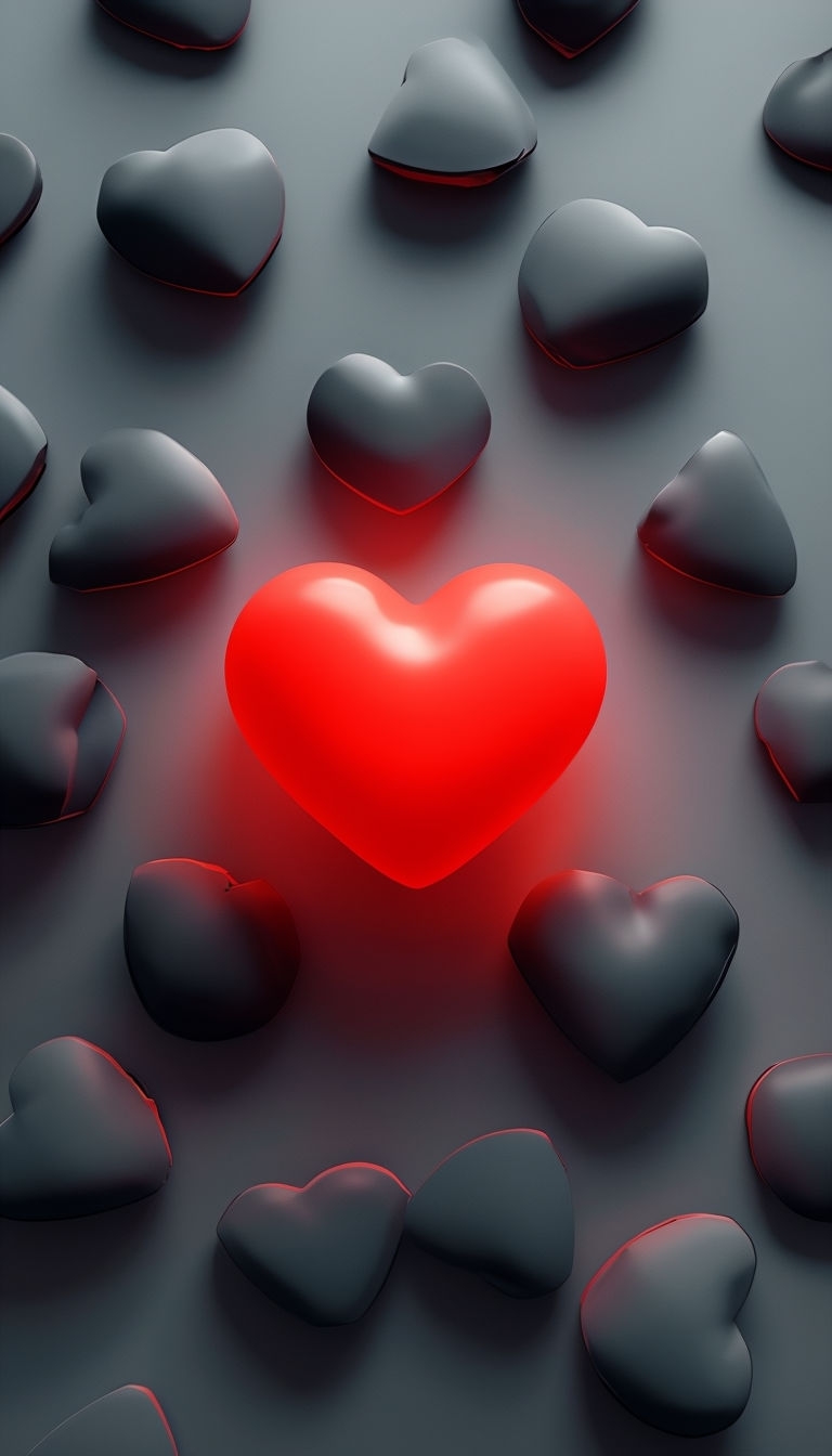 Glowing Red Heart Surrounded by Dark Hearts Digital Art Mobile Wallpaper