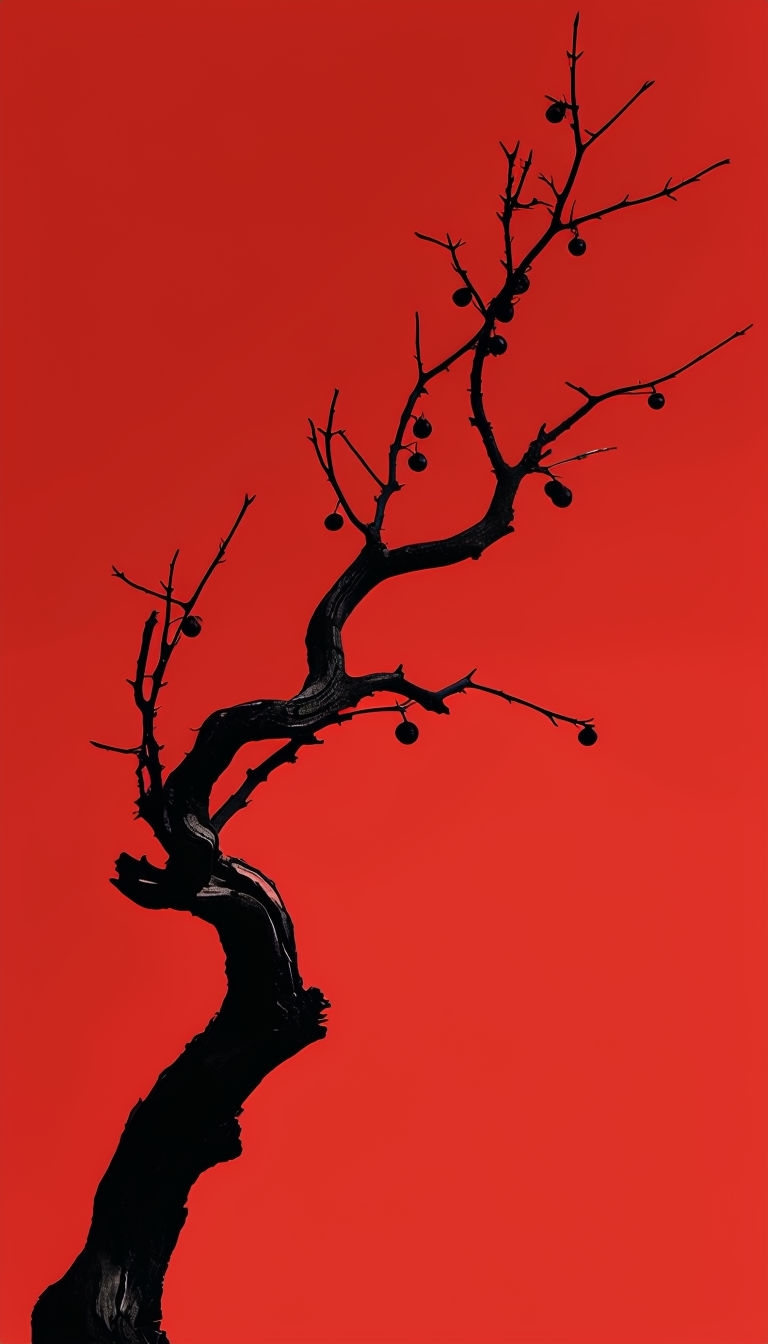 Elegant Minimalist Black Branch on Fire Engine Red Wallpaper