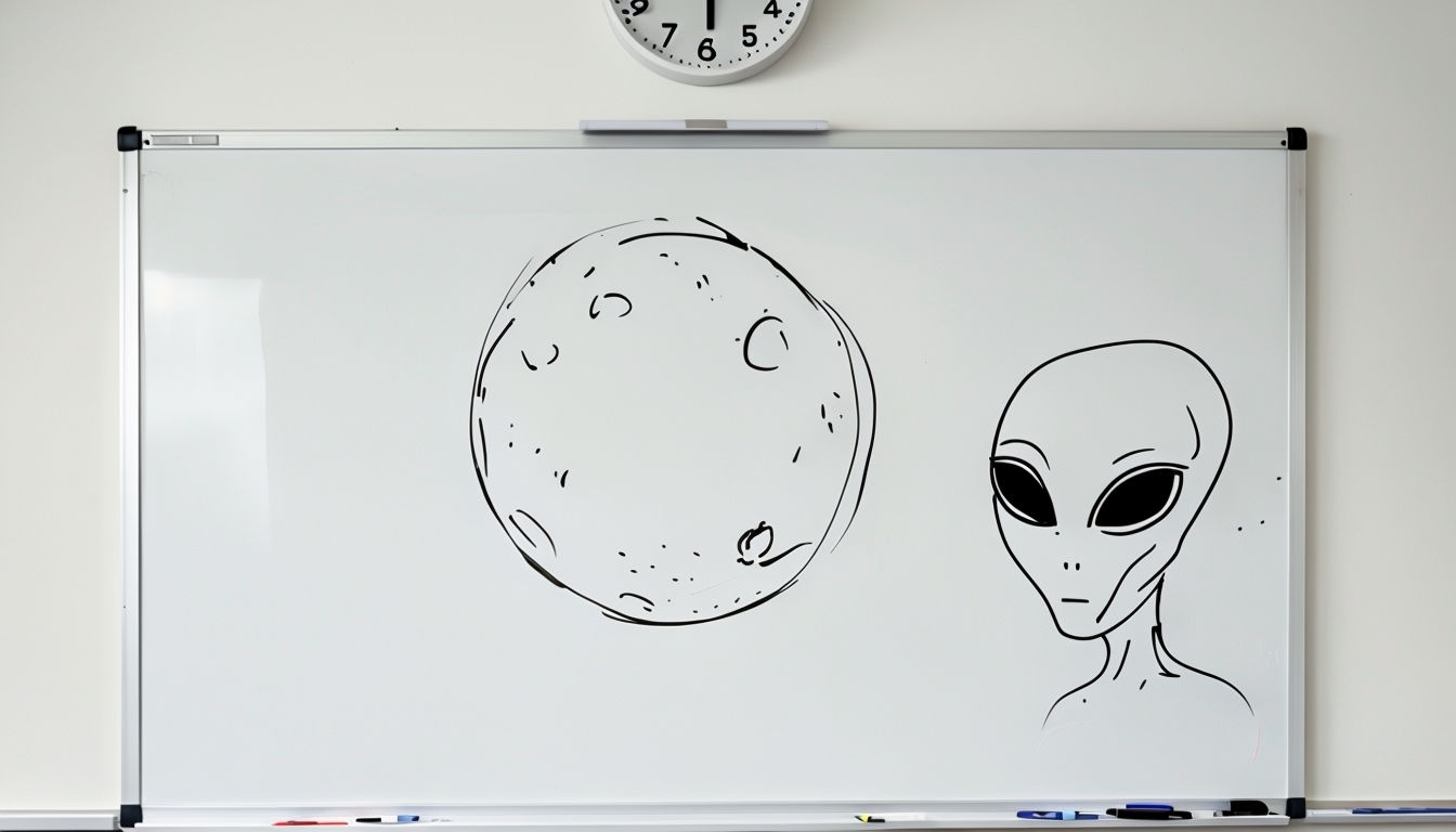 Whimsical Classroom Whiteboard Moon and Alien Drawing Background