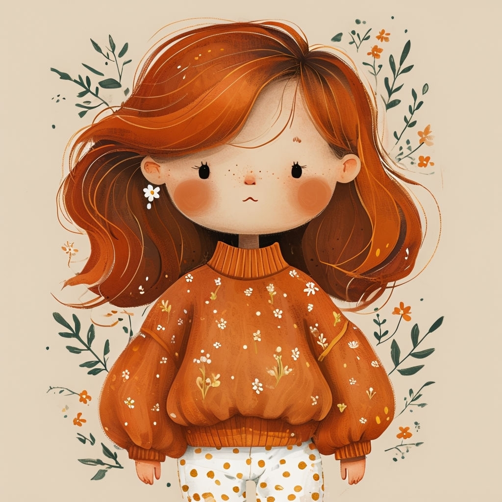 Whimsical Cartoon Girl in Cozy Sweater and Floral Accents Art