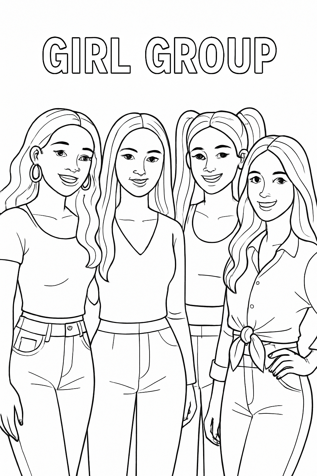 Smiling Girl Group Friendship Line Art Illustration for Coloring Book Pages