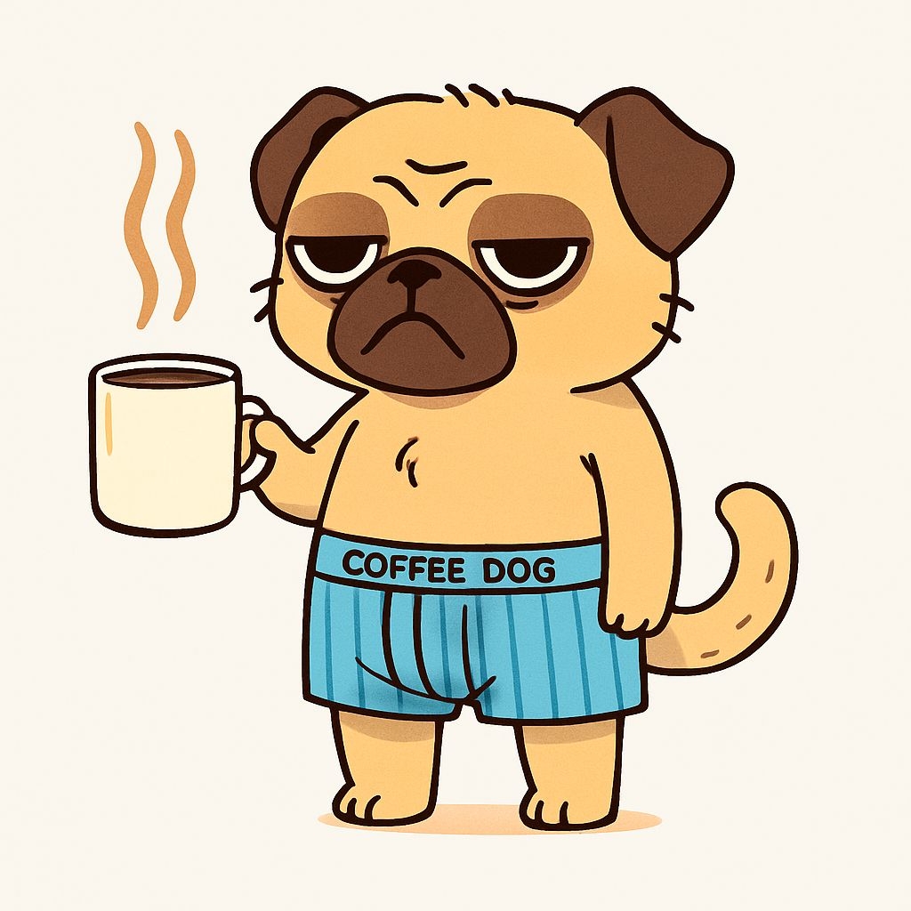 Grumpy Cartoon Pug with Coffee Mug and Boxer Briefs Sticker