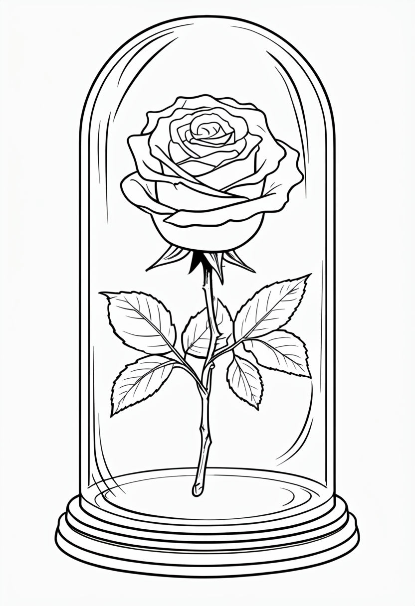 Elegant Black and White Rose in Glass Dome Coloring Page