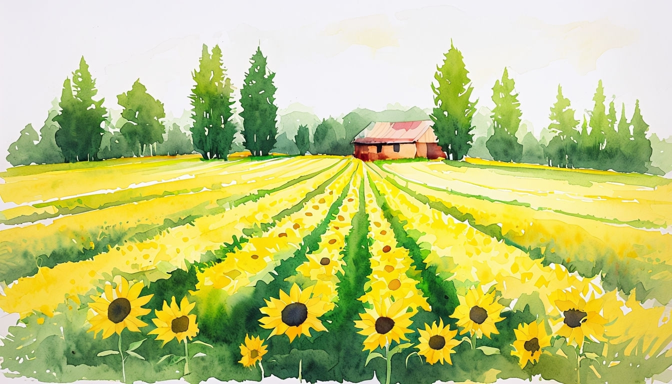 Serene Watercolor Sunflower Field Rural Landscape Art // Virtual Backgrounds