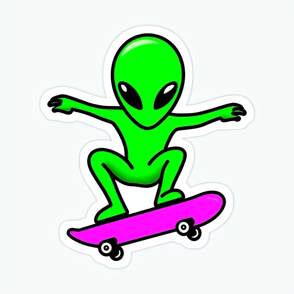 Playful Neon Green Alien Skateboarding Cartoon Sticker