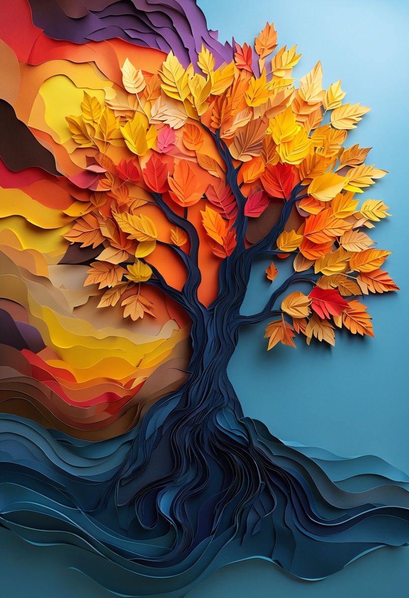 Vibrant Paper-Crafted Tree Artwork with Autumn Colors Art