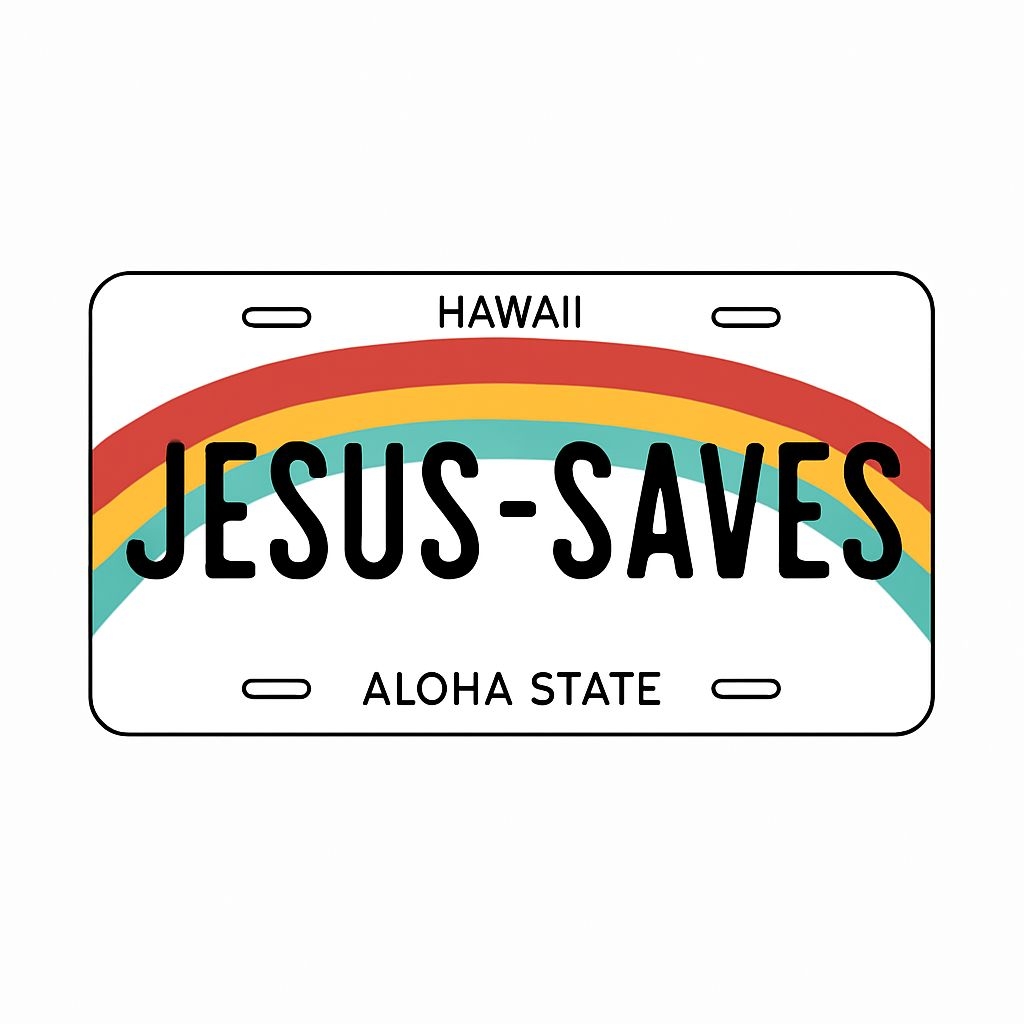 Vibrant Hawaii License Plate with Jesus Saves Sticker
