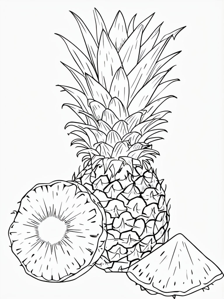 Detailed Black and White Pineapple Line Drawing for Coloring Book Pages