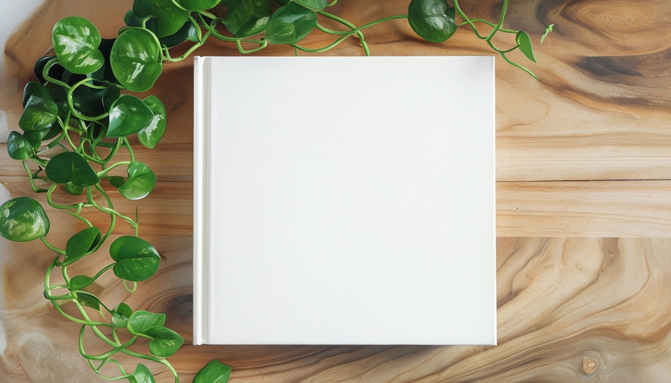 Clean White Hardcover Book with Green Pothos Plant Mockup