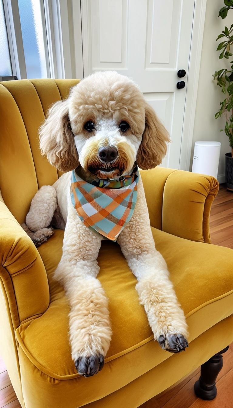 Cozy Poodle on Mustard Yellow Armchair Indoor Scene Art