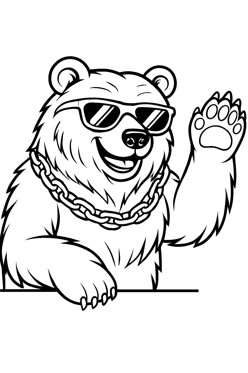 Cheerful Cartoon Bear with Sunglasses and Necklace Coloring Book Page