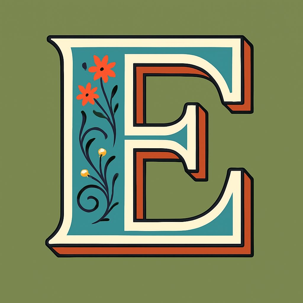 Elegant Floral Letter E Illustration on Olive Green Background Monogram