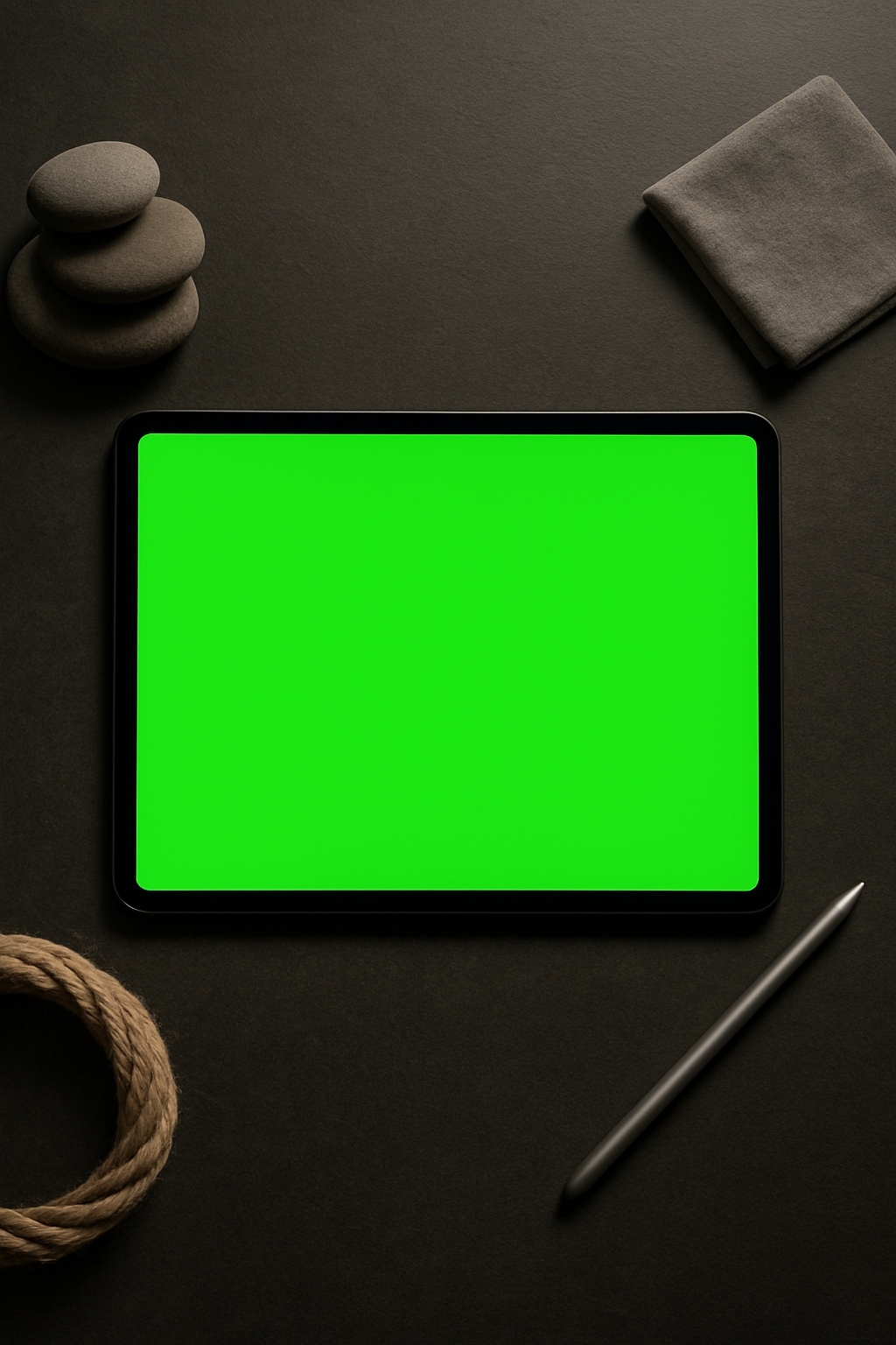 Modern Tablet With Lime Green Screen On Dark Gray Surface Mockup