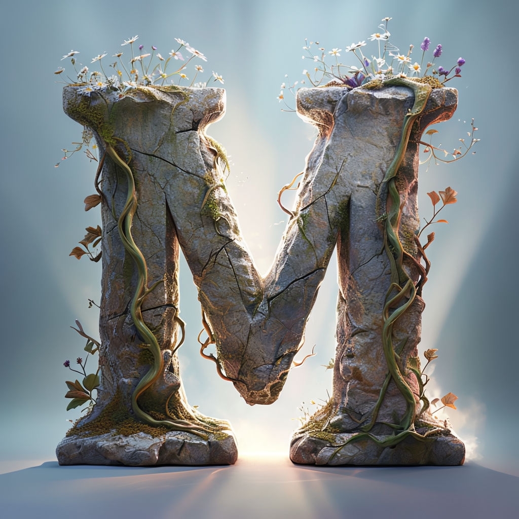 Nature-Inspired 3D Letter M with Moss and Flowers Design Monogram