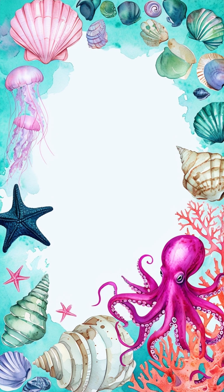 Whimsical Marine Elements Watercolor Illustration for Social Media Post