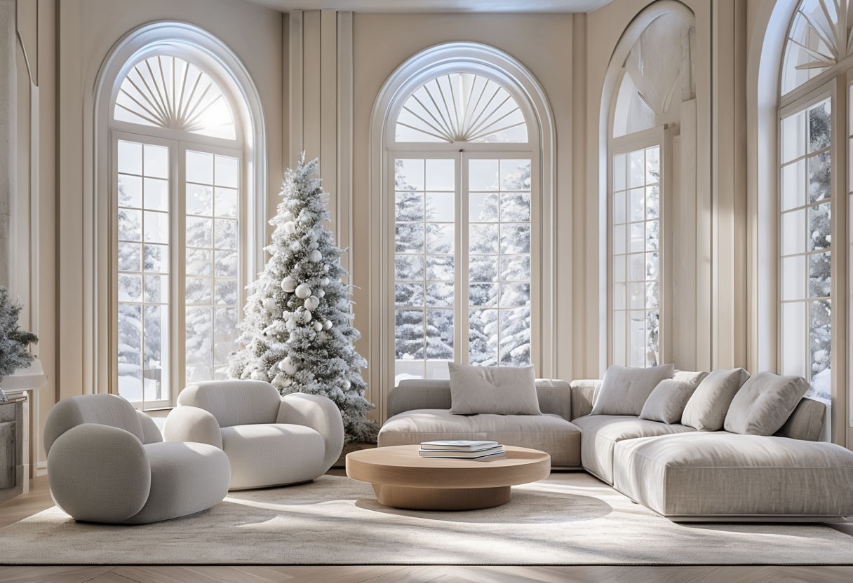 Elegant Modern Living Room Scene with Snowy Christmas Tree Background