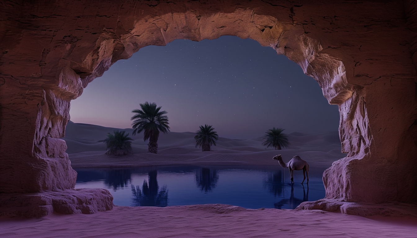 Tranquil Desert Oasis View Through Sandstone Archway Background