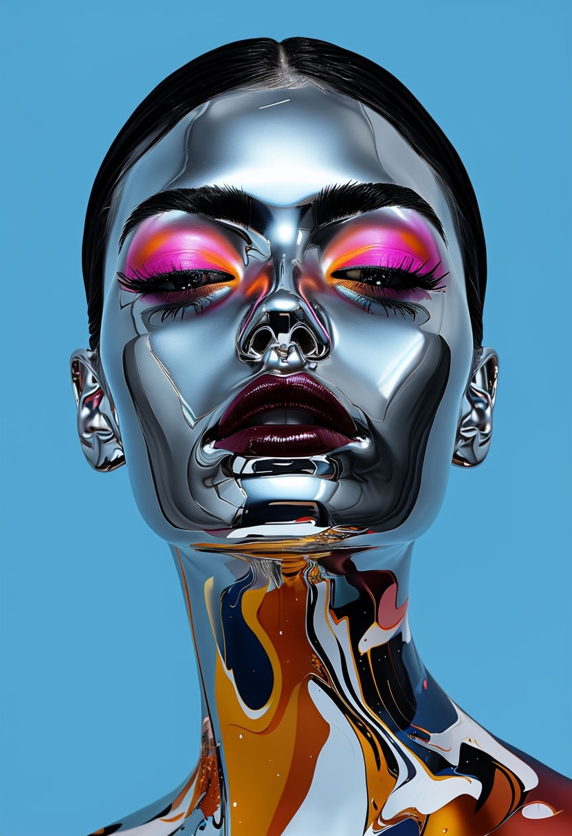 Futuristic Reflective Metallic Face Artwork Against Blue Background Art