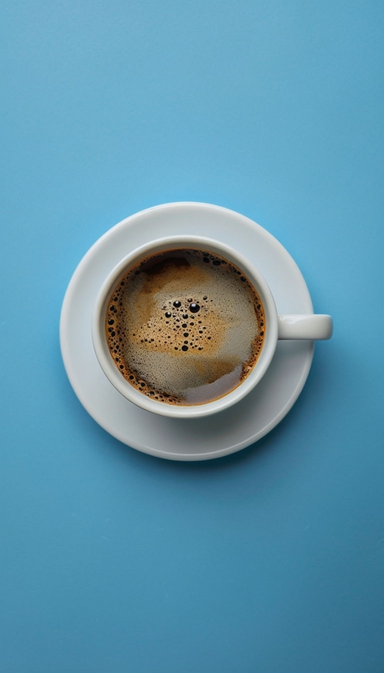 Elegant White Coffee Cup with Saucer on Blue Background Mobile Wallpaper