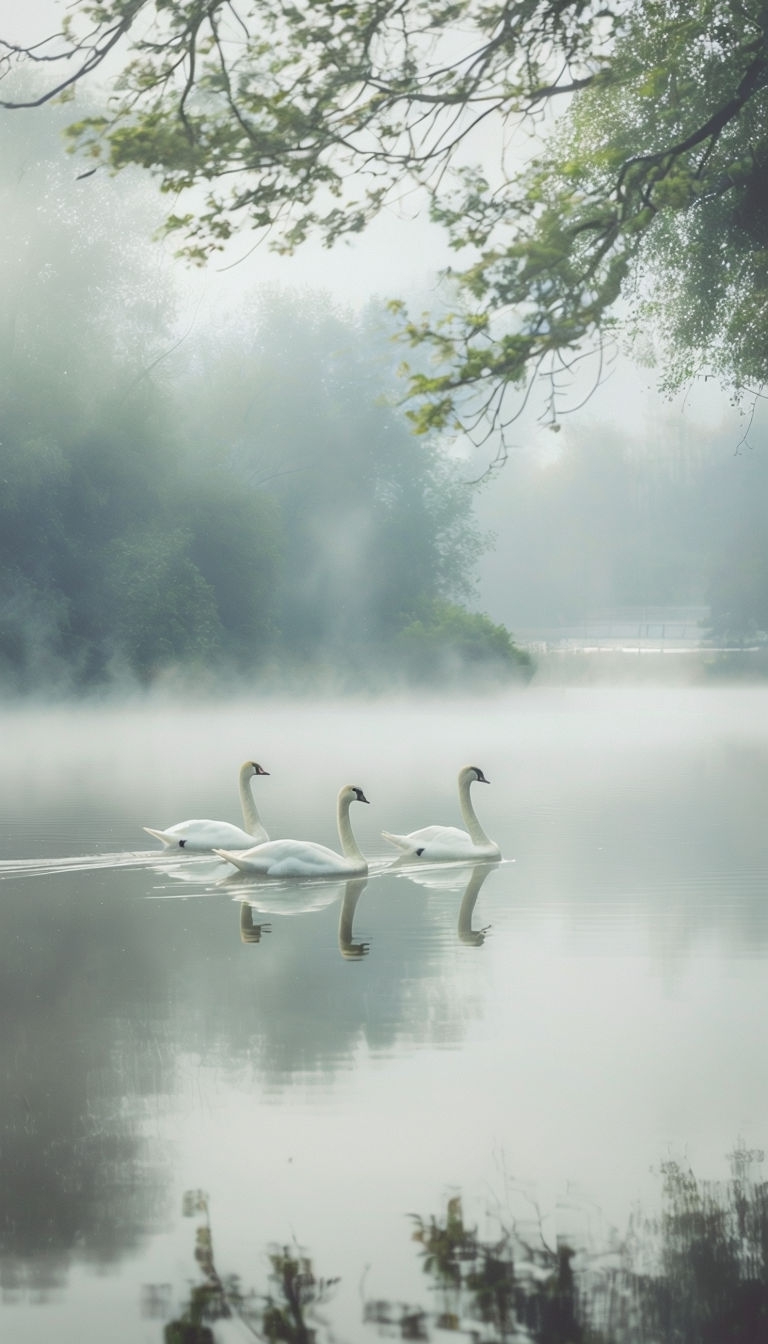 Serene White Swans Gliding on Misty Lake Mobile Wallpaper