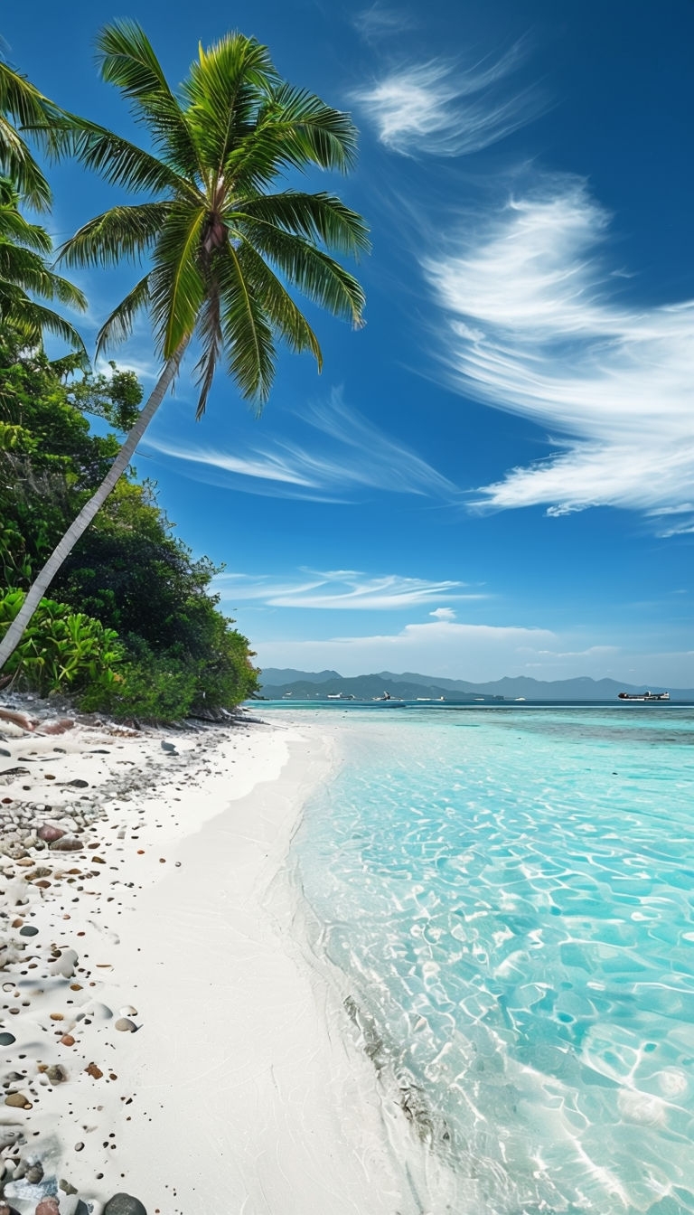 Tranquil Tropical Beach Scene with Lush Palm Trees Wallpaper