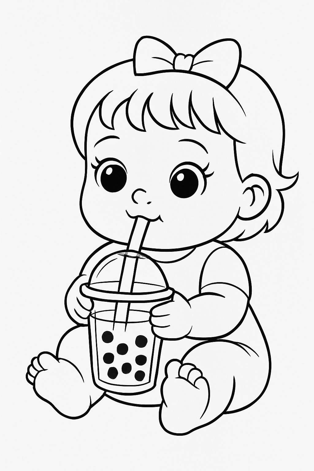 Cute Cartoon Baby Girl Enjoying Bubble Tea Coloring Page
