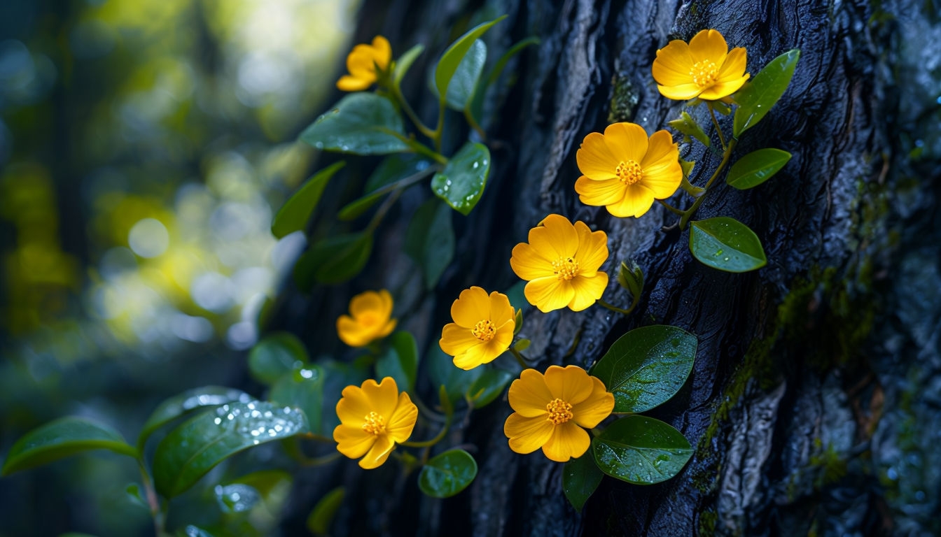 Vibrant Yellow Flowers Against Dark Tree Bark Virtual Background